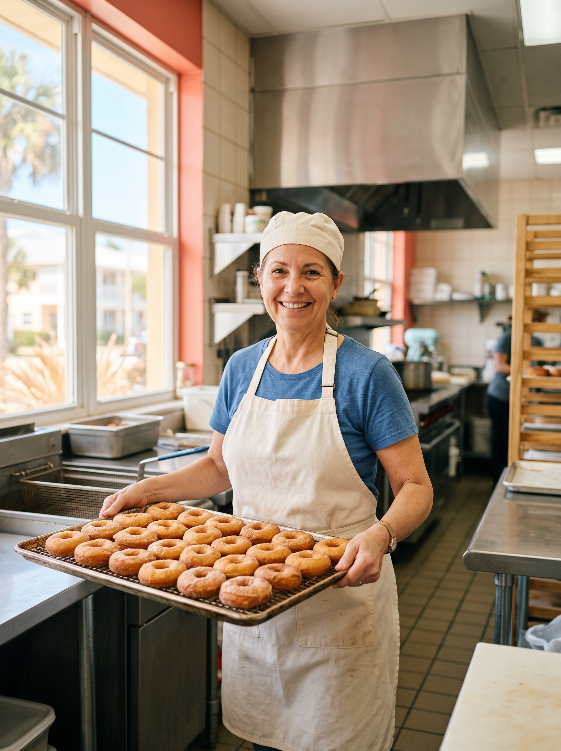 A smiling baker lifting a tray of golden ring donuts in a bright bakery kitchen