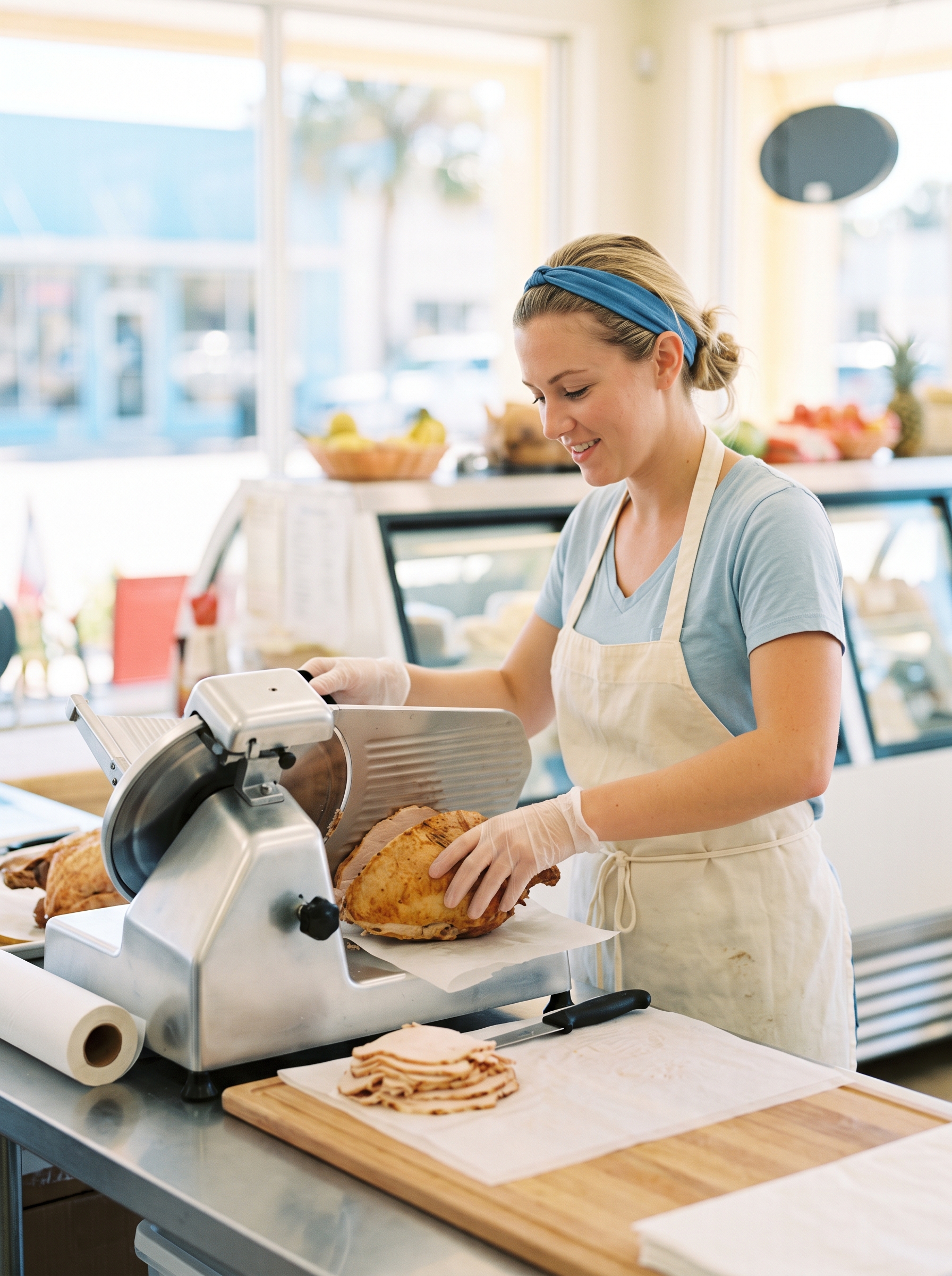 A deli worker slicing bread at a bright, clean sandwich counter