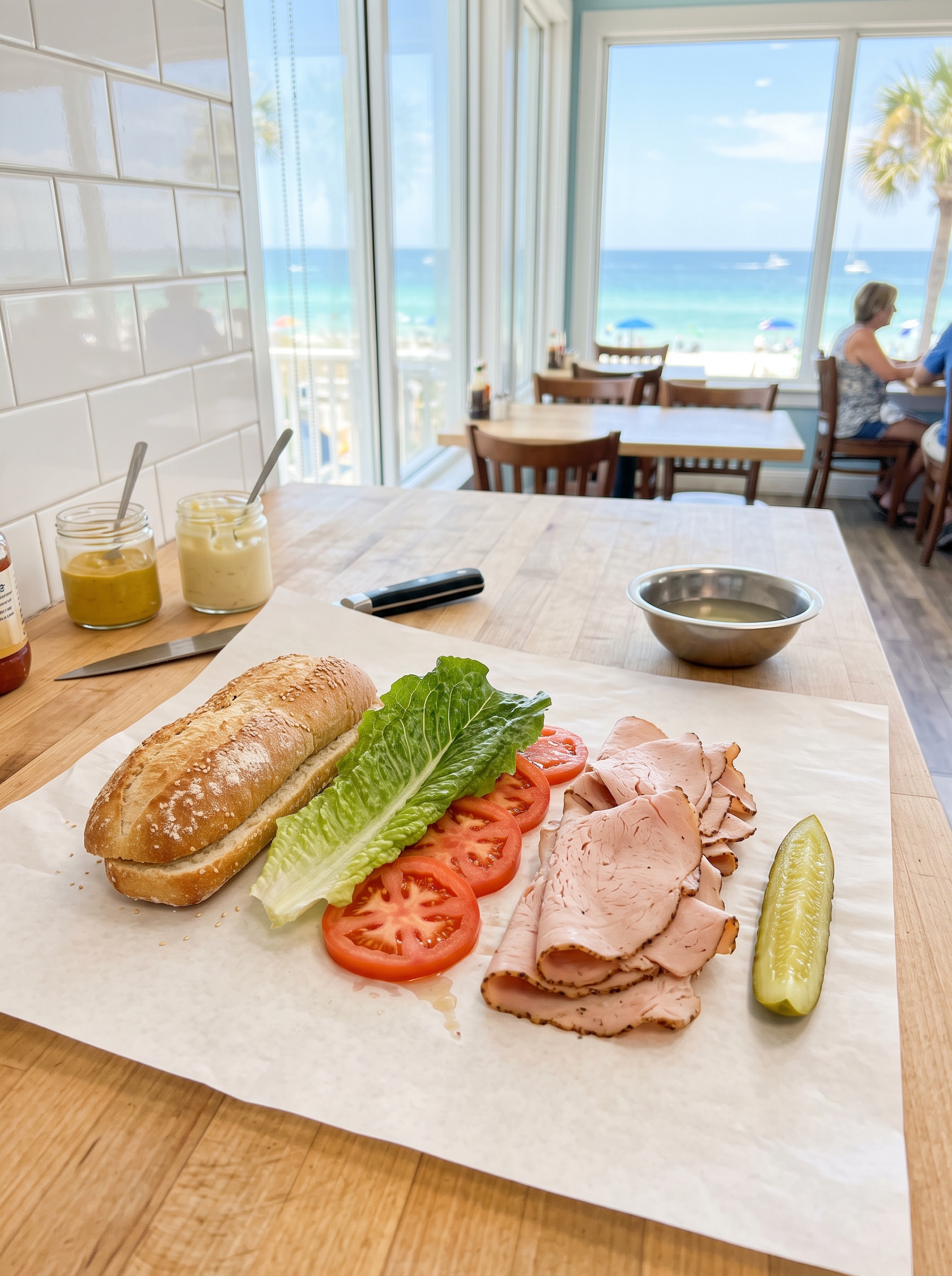 Deli sandwich makings on butcher paper: a split roll, lettuce, tomato, sliced turkey and a pickle spear