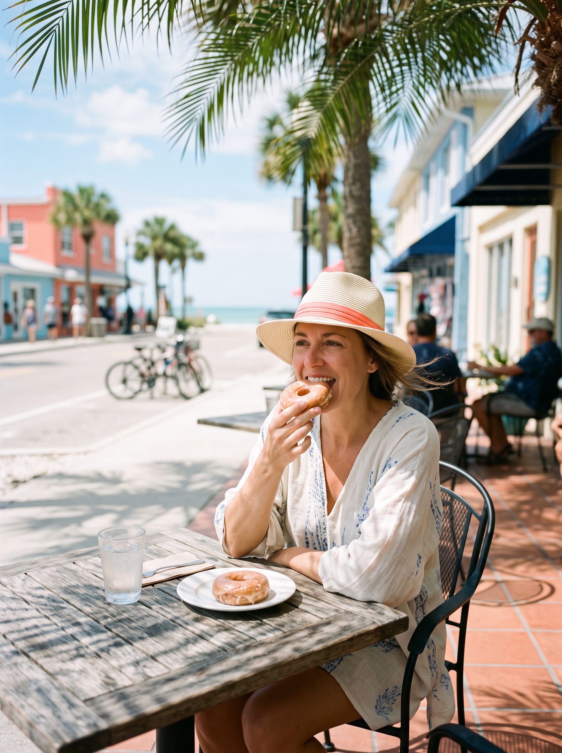A woman in a sun hat smiling mid-bite of a glazed donut at an outdoor café table
