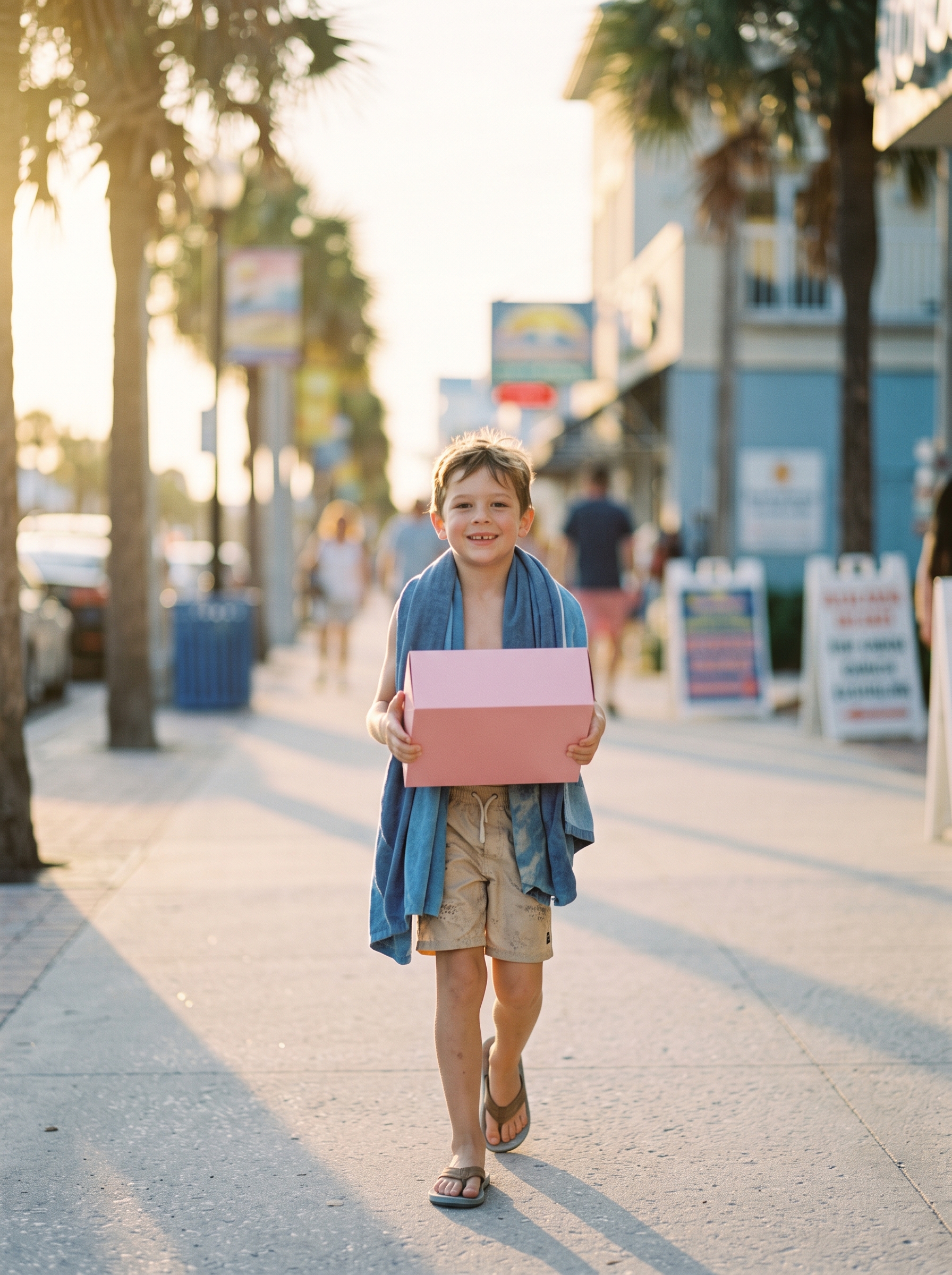 A child carrying a pink bakery box along a sunny beach-town sidewalk