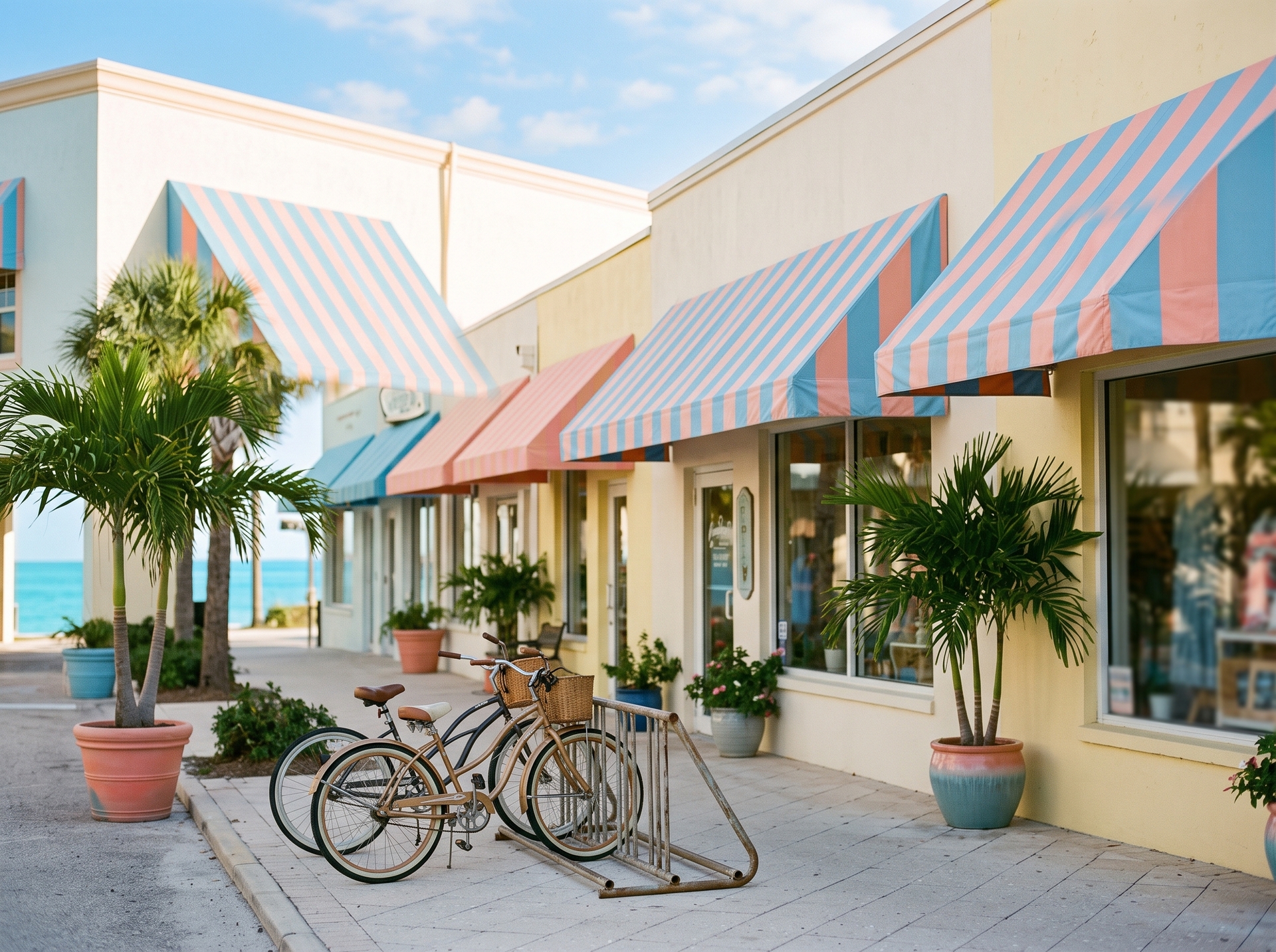 Sky-blue and coral striped awnings and a beach cruiser along a quiet beach-town storefront row