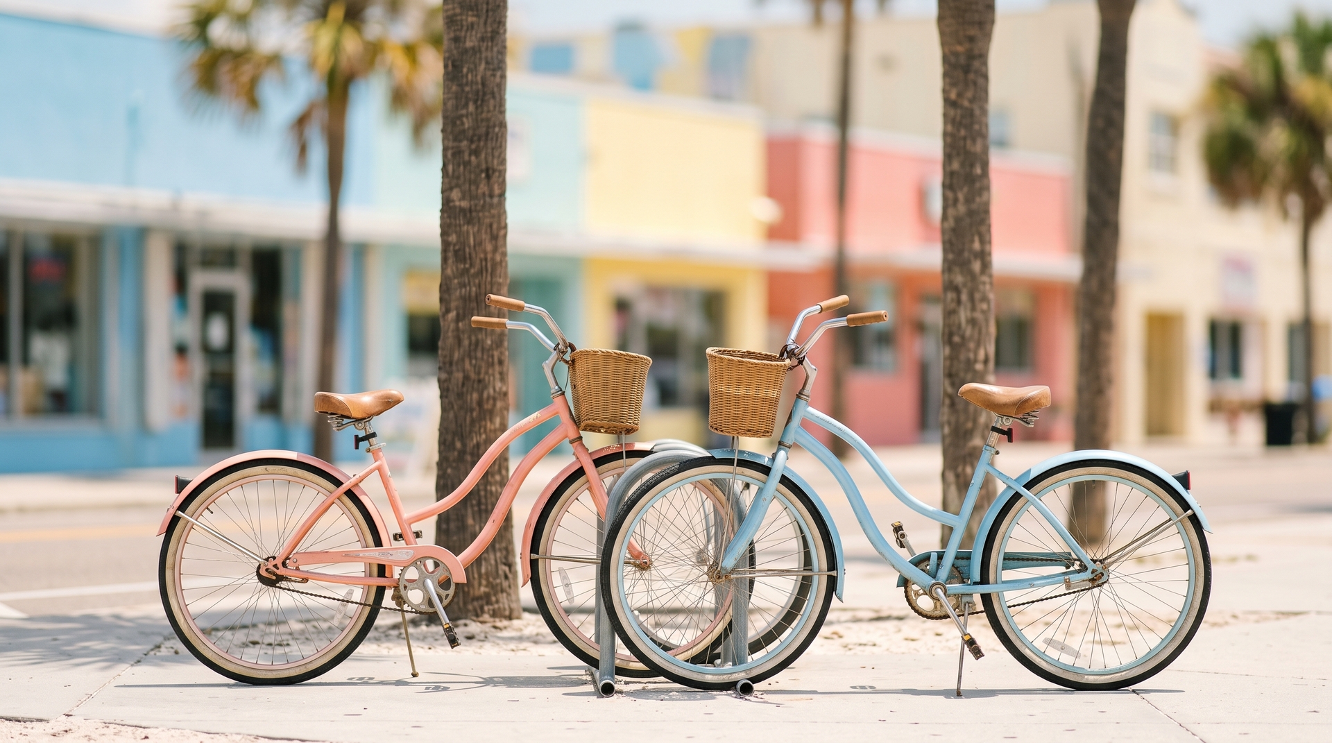 Pastel stucco storefronts, palms and beach cruisers on a sunny Florida beach-town boulevard