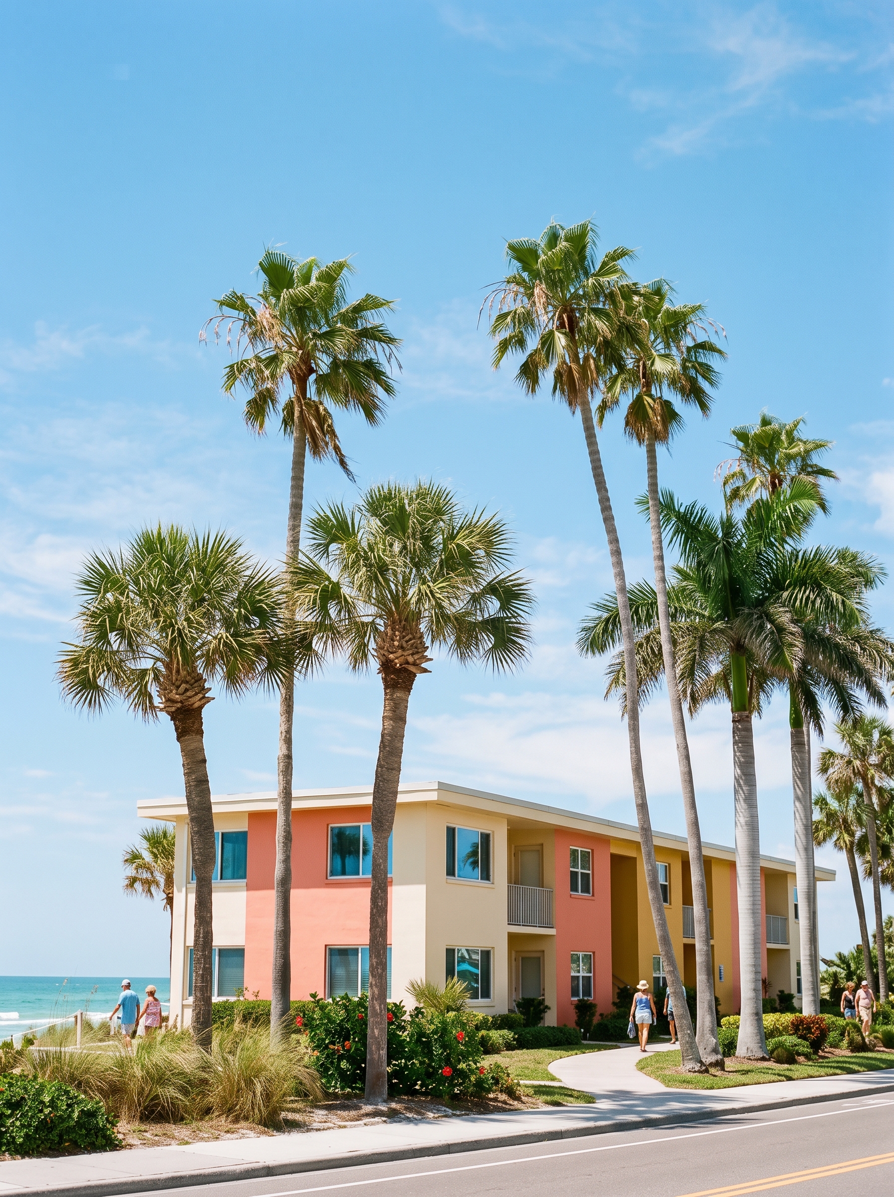 Tall palms over a pastel stucco building on a sunny Florida beach-town boulevard