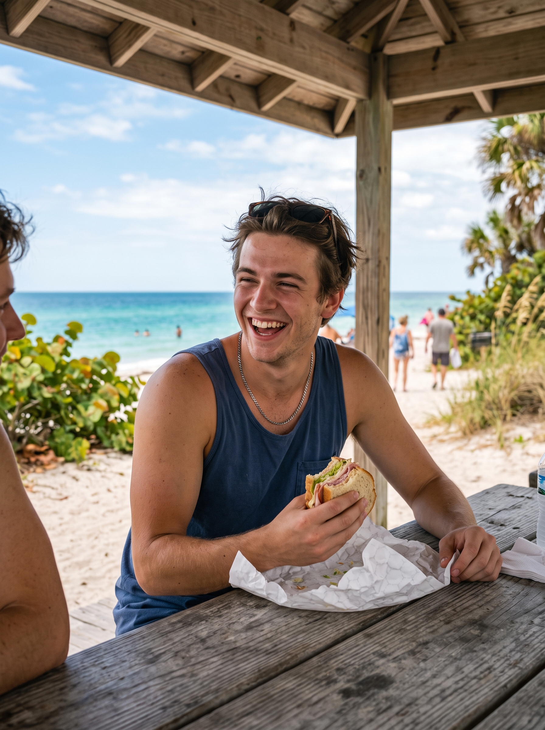 A young man laughing with half of a stacked deli sandwich at a picnic table near the beach
