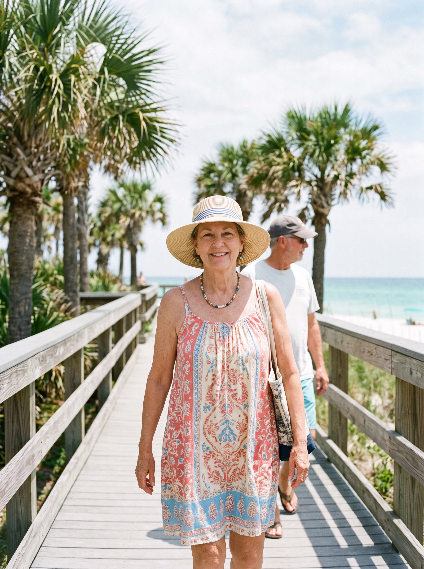 A woman in a straw hat smiling as she walks a palm-lined beach boardwalk