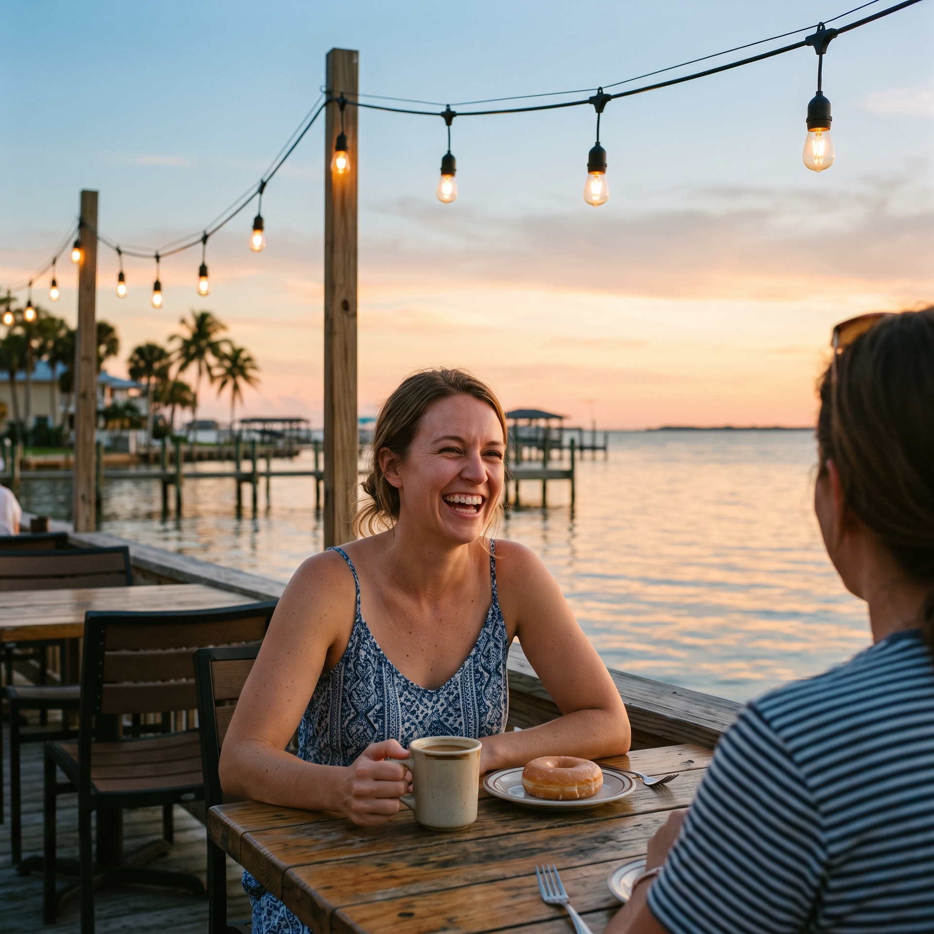 A woman laughing over coffee and a donut at a waterfront café table at dusk