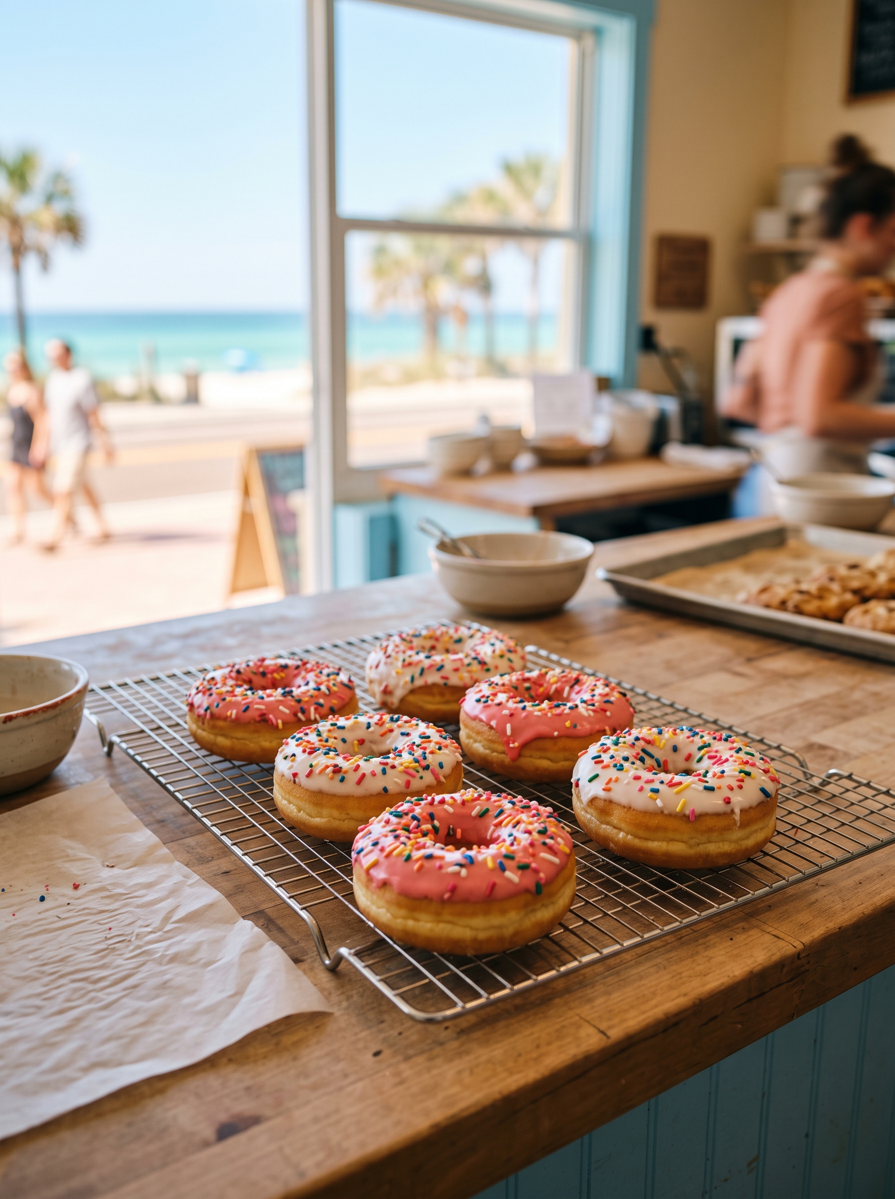 Fresh ring donuts with pink and white glaze and rainbow sprinkles cooling on a wire rack