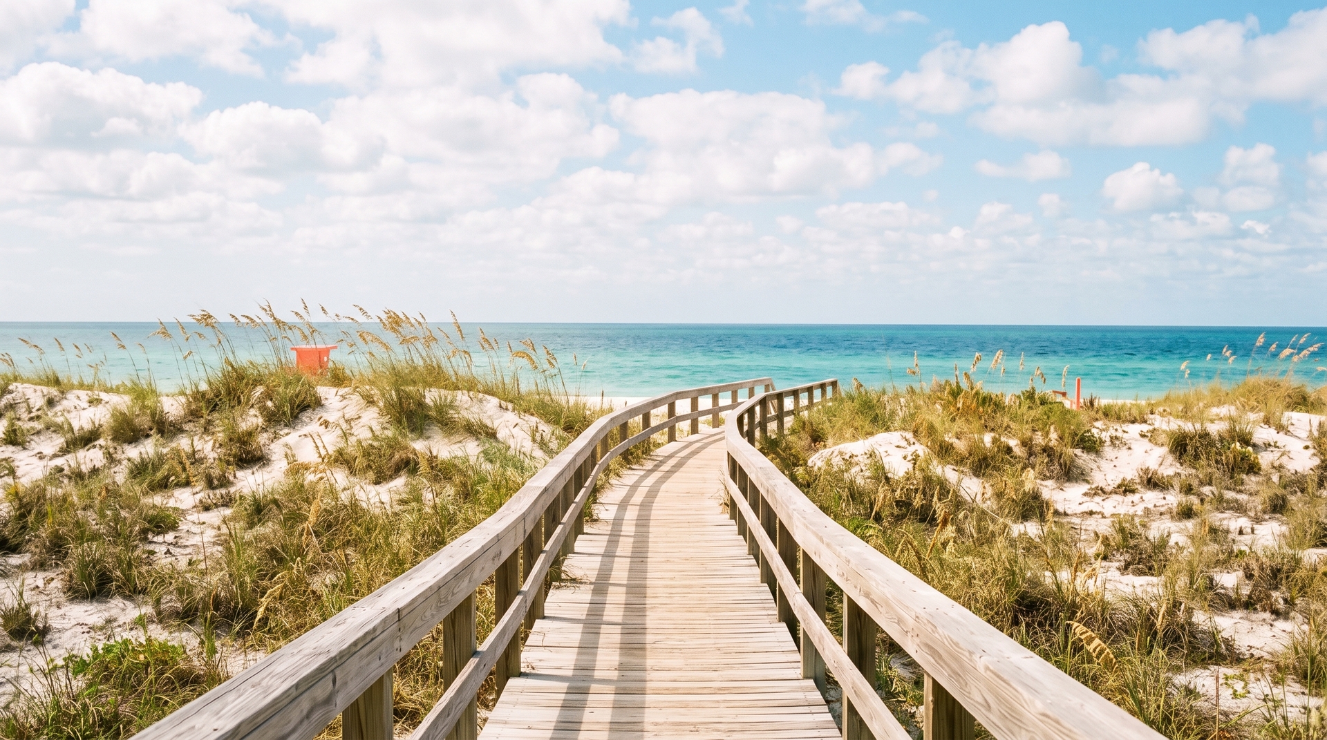 A weathered wooden beach-access boardwalk running between sea-oat dunes toward the turquoise Gulf