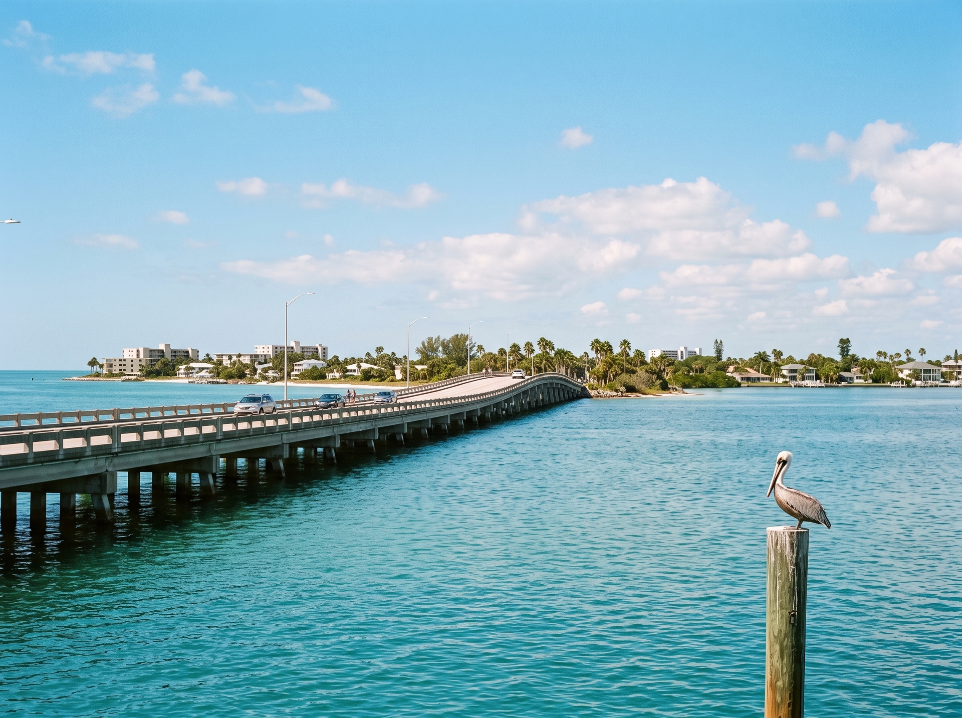 A low causeway bridge over turquoise bay water, with a pelican perched on a piling