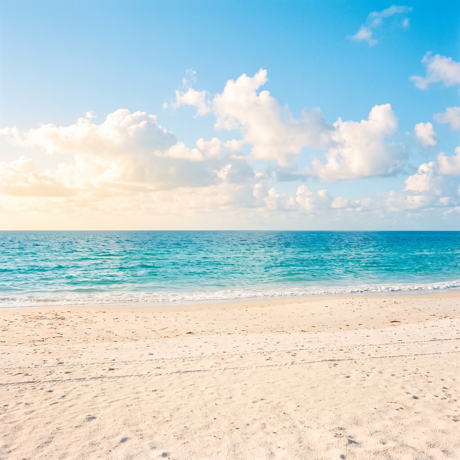 Turquoise Gulf water and white sand on a sunny Florida barrier-island beach in the morning